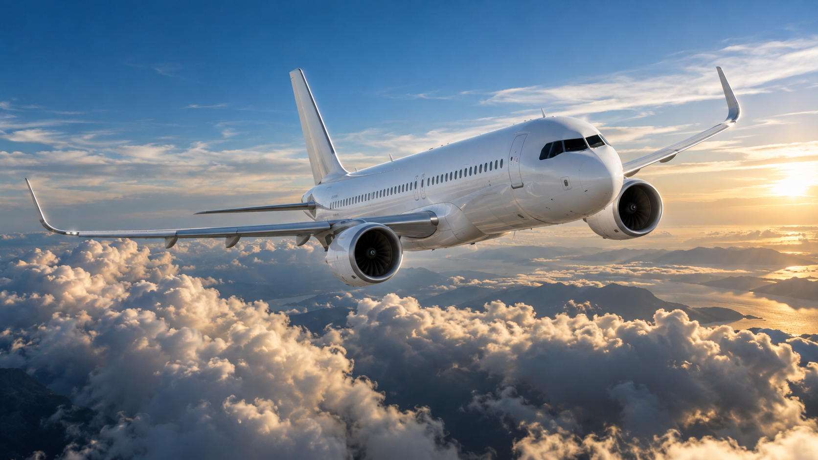 Commercial twin-engine passenger aircraft in flight